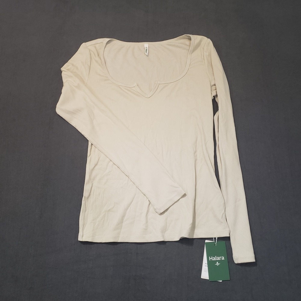 Halara Womens Medium Ribbed Notch Scoop Neck Long Sleeve Top Strech‎ Shirt Tan